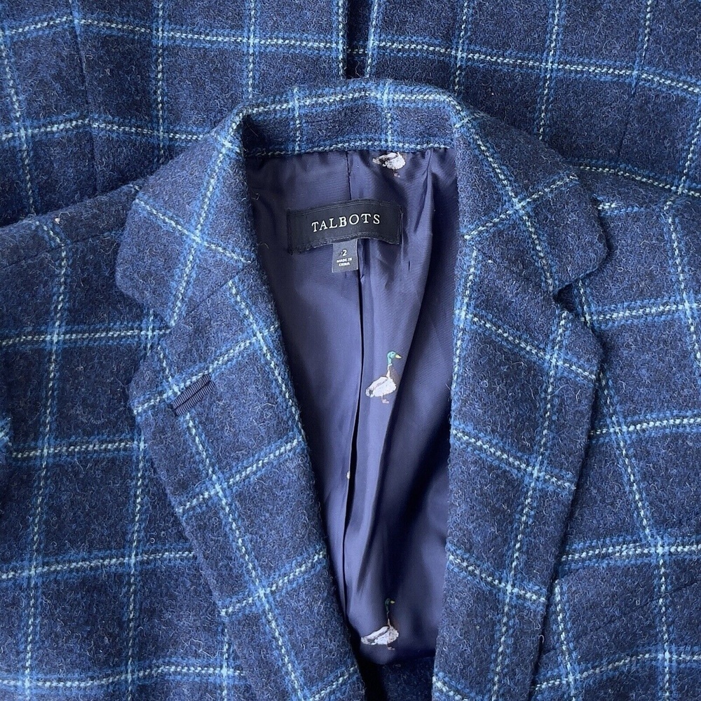 TALBOTS Plaid Wool Blend Blazer Long Sleeve Classic Career Jacket Size 2 Blue - Picture 3 of 3